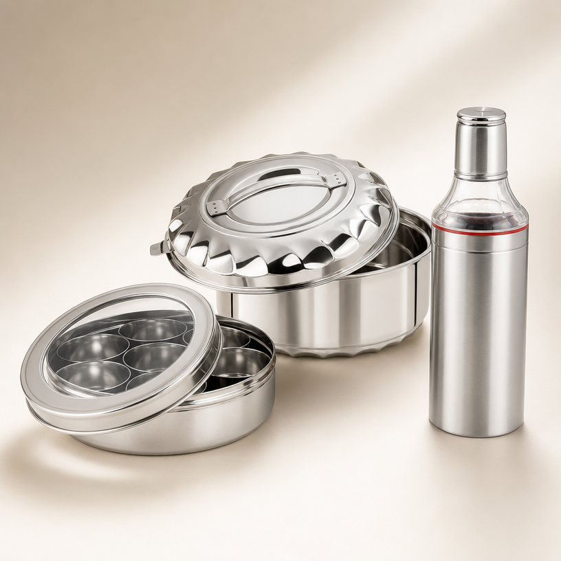 Studio photograph of Maxfresh hot pot, spice container with see-through lid and Vinod oil dispenser