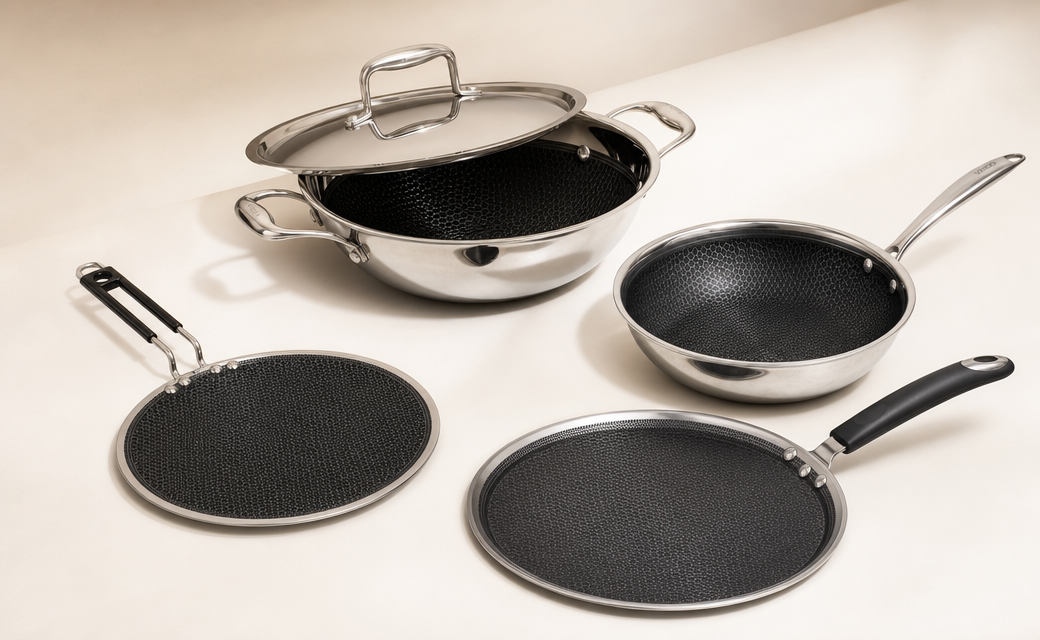 Vinod Honeycomb cookware wholesale range including kadahi, frypan and tawas