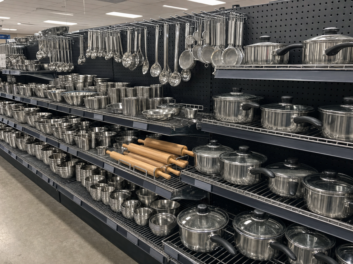 Ramco kitchenware arranged on pegboard hooks and wire shelves in a retail aisle