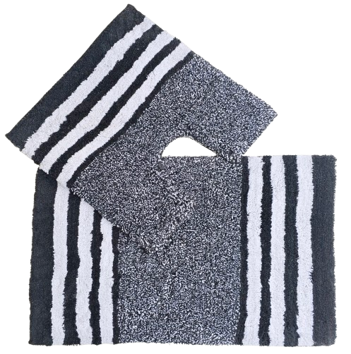 [11658-BL] Spa Collection 2Pc Bath Mats Stripe Design 100% Cotton (Black Stripe)